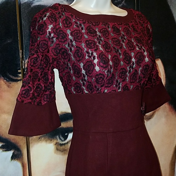 Tatyana Vintage Merlot Rose Lace Curve Hugging Pinup Bombshell Pencil Dress - Picture 6 of 8